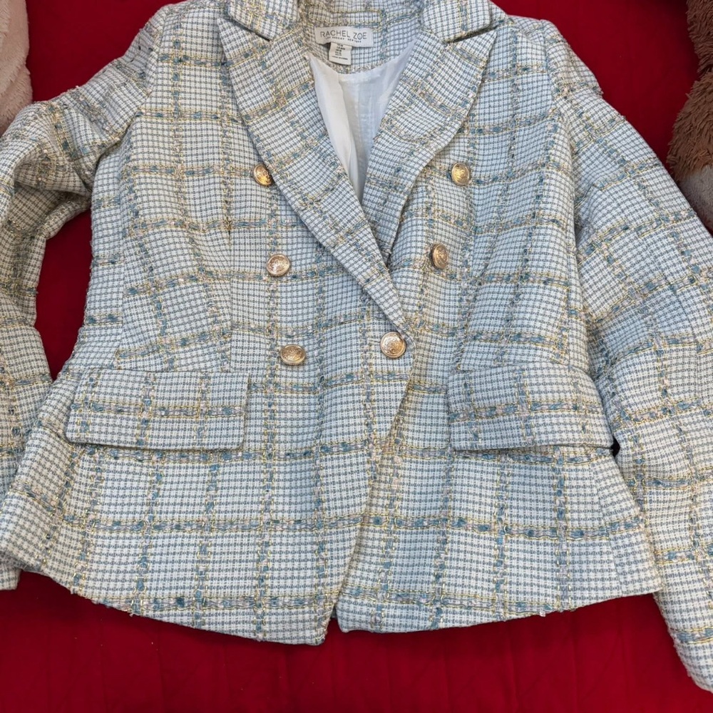Rachel Zoe Cream and Gold Plaid Blazer